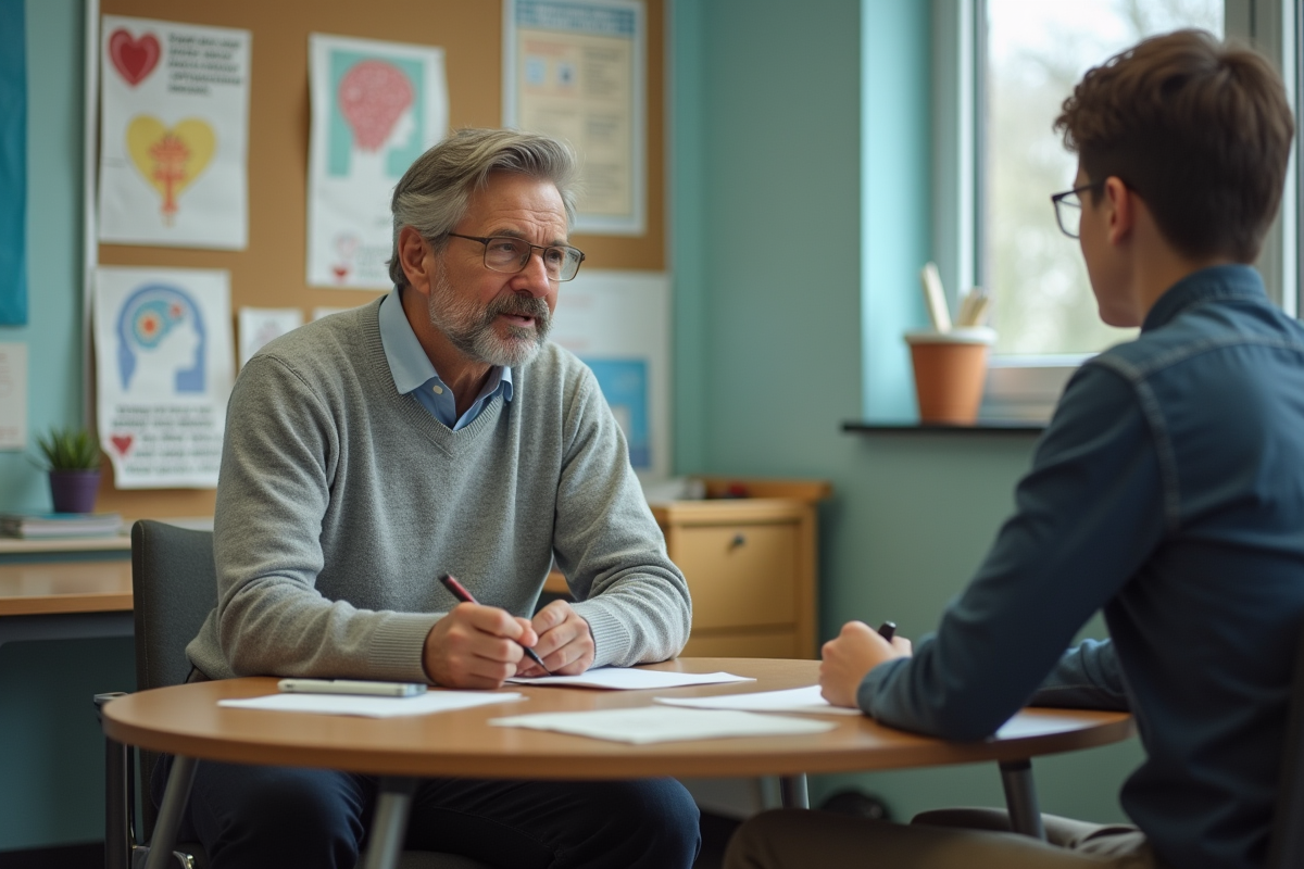 Psychologue homme prenant des notes avec un adolescent en salle de conseil