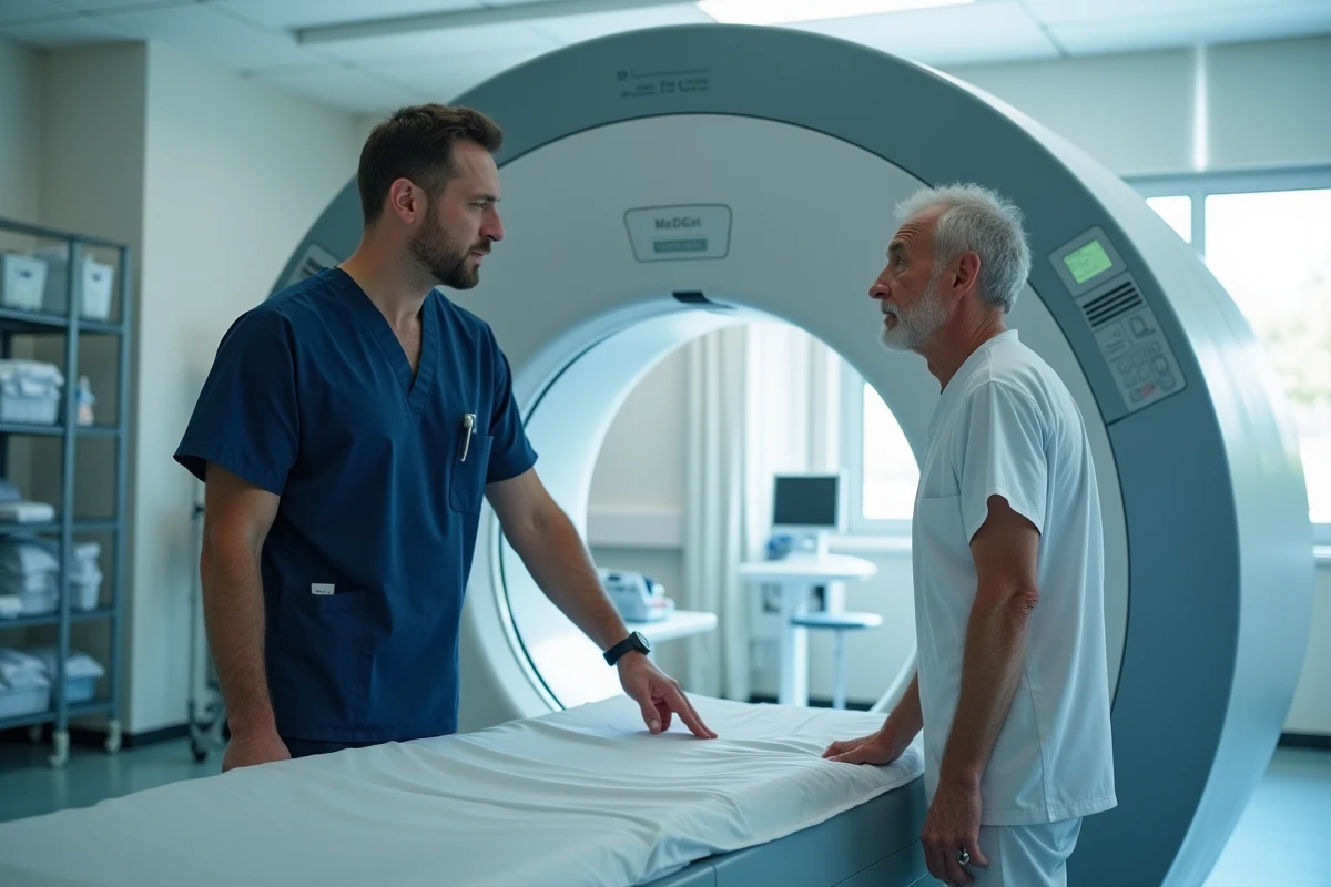 Radiologue expliquant le fonctionnement d'un IRM ouvert à un patient claustrophobe dans une salle d'imagerie médicale