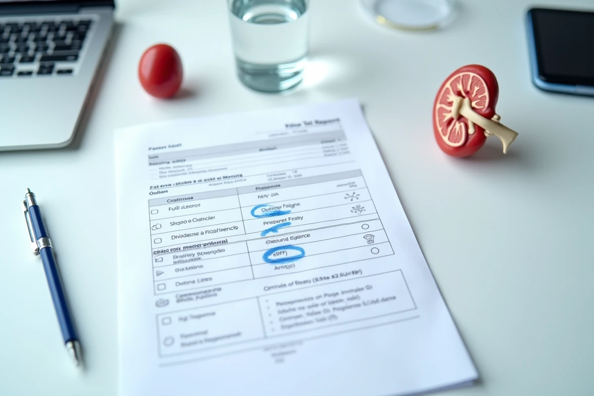 Rapport d'analyse sanguine avec valeurs de DFG et modèle anatomique du rein sur un bureau médical