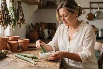 Femme d'âge mûr préparant un remède naturel à base d'aloe vera et de yaourt dans une cuisine rustique pour soulager les démangeaisons intimes