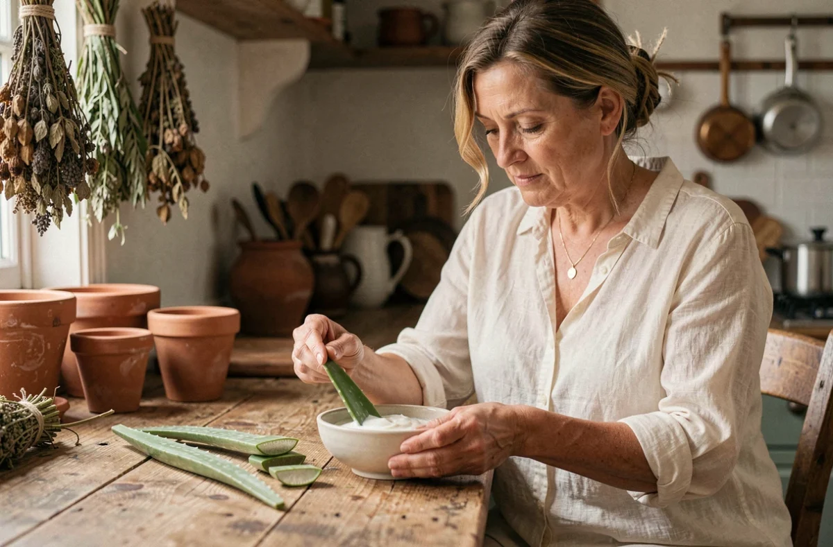 Femme d'âge mûr préparant un remède naturel à base d'aloe vera et de yaourt dans une cuisine rustique pour soulager les démangeaisons intimes