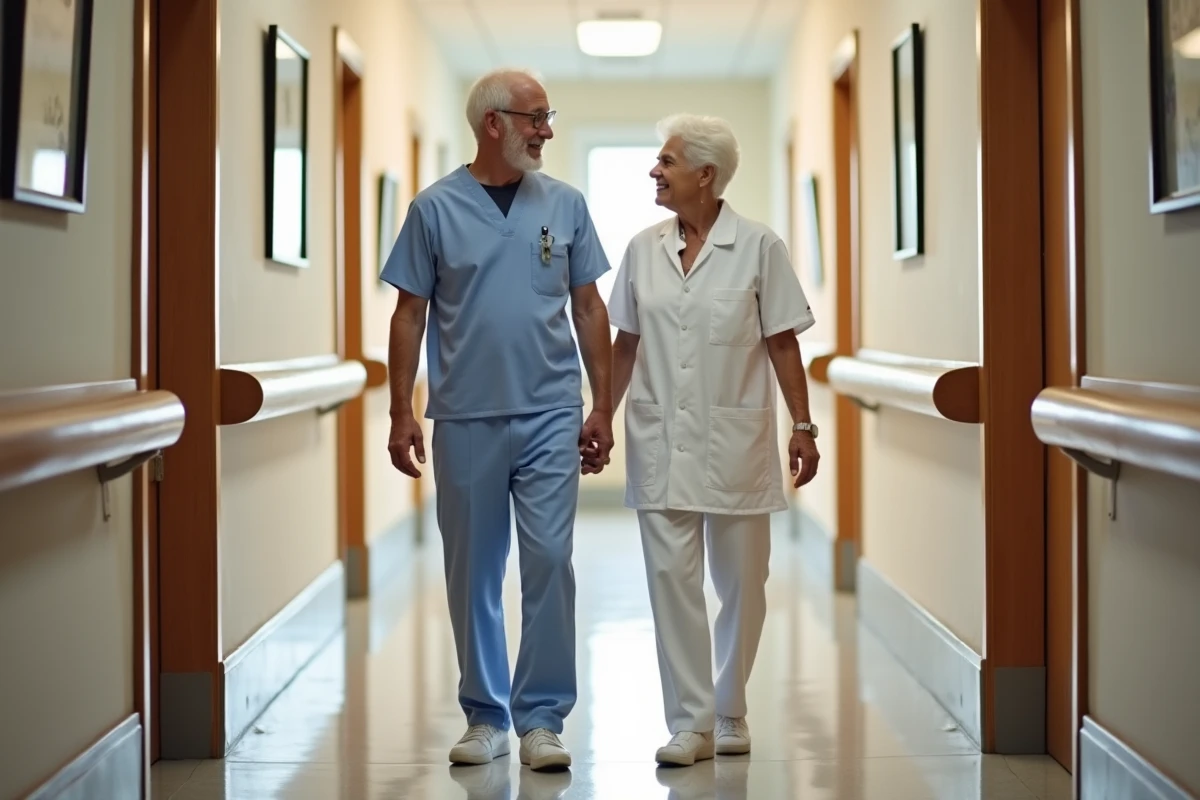 Resident et infirmier souriants dans un couloir d