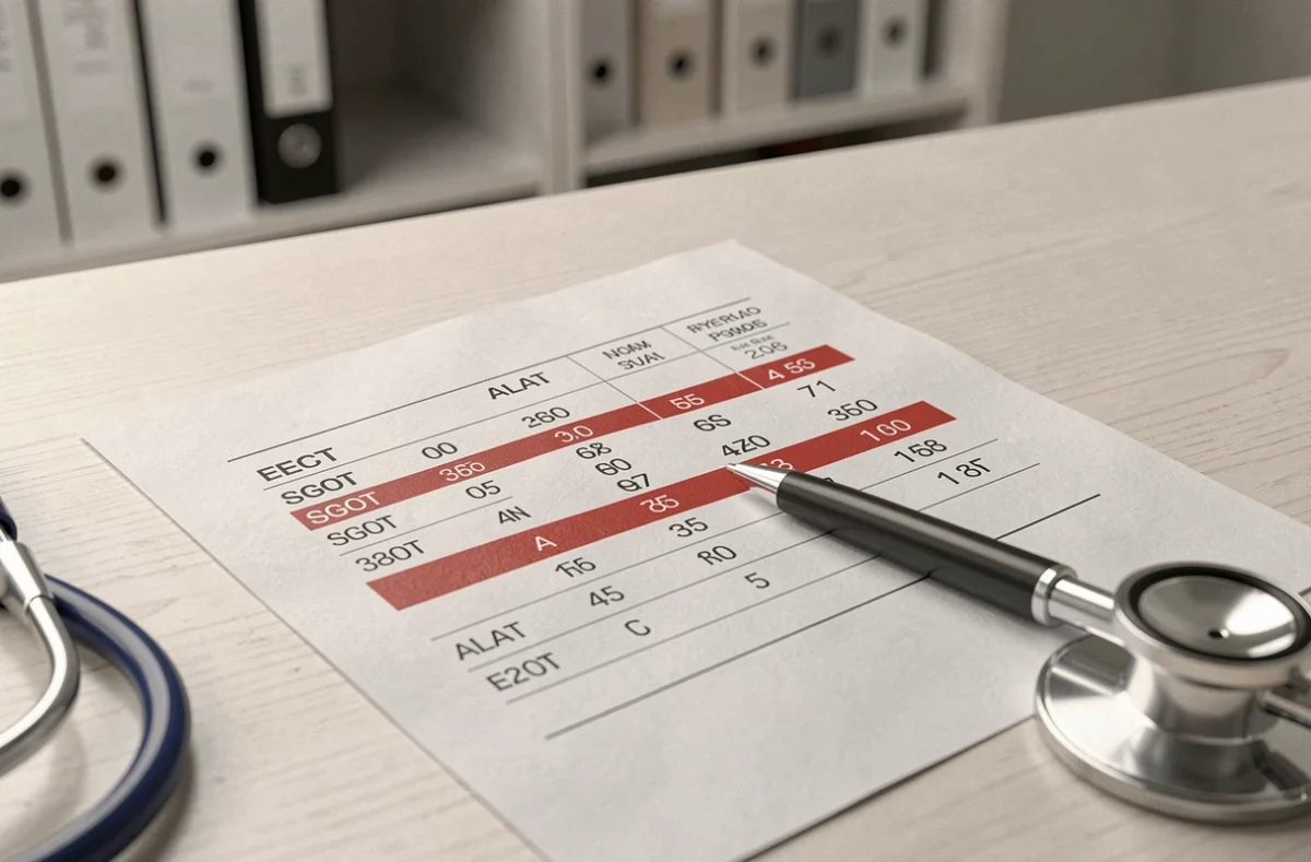 Résultat d'analyse sanguine montrant les valeurs de transaminases SGOT sur un rapport de laboratoire médical posé sur un bureau de consultation