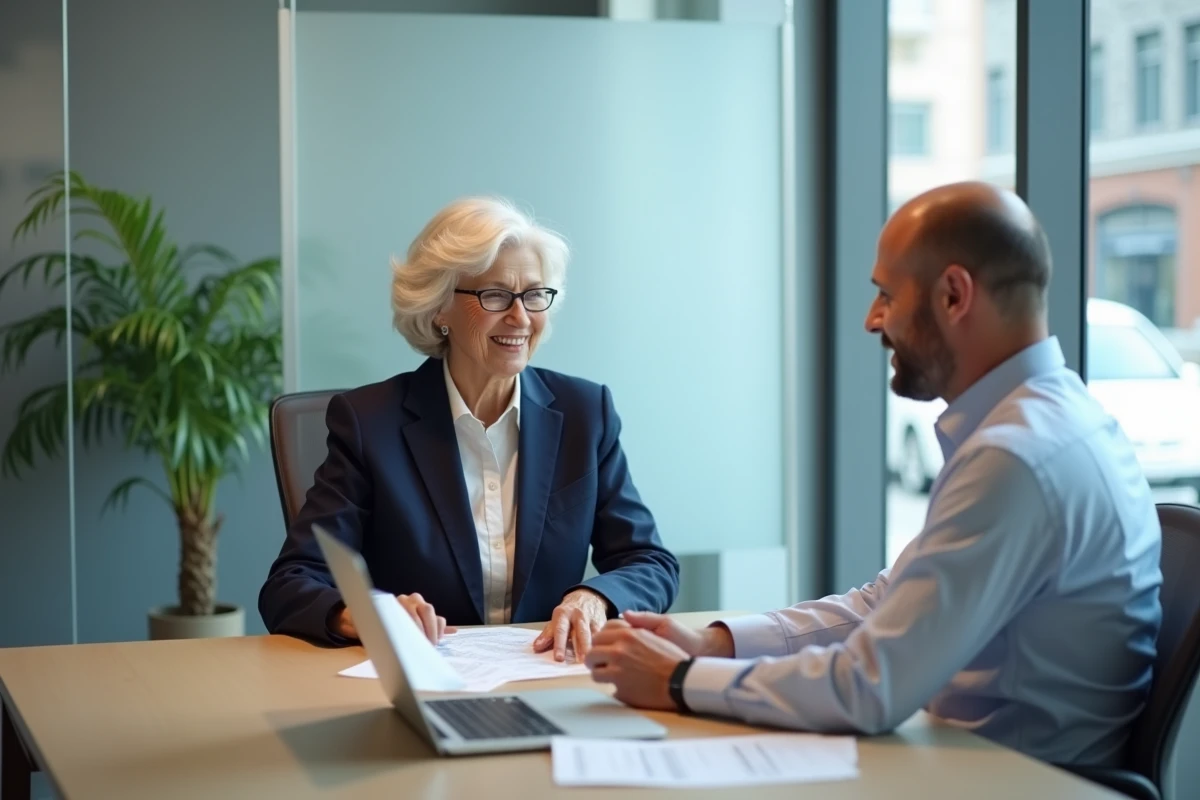 Senior retraitée en rendez-vous avec un conseiller assurance Groupama dans une agence moderne