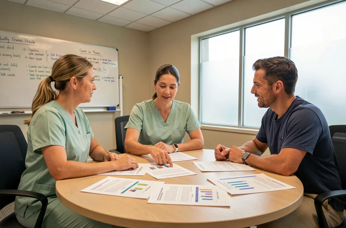 Équipe infirmière en réunion de qualité analysant des protocoles de soins autour d'une table en salle de conférence hospitalière