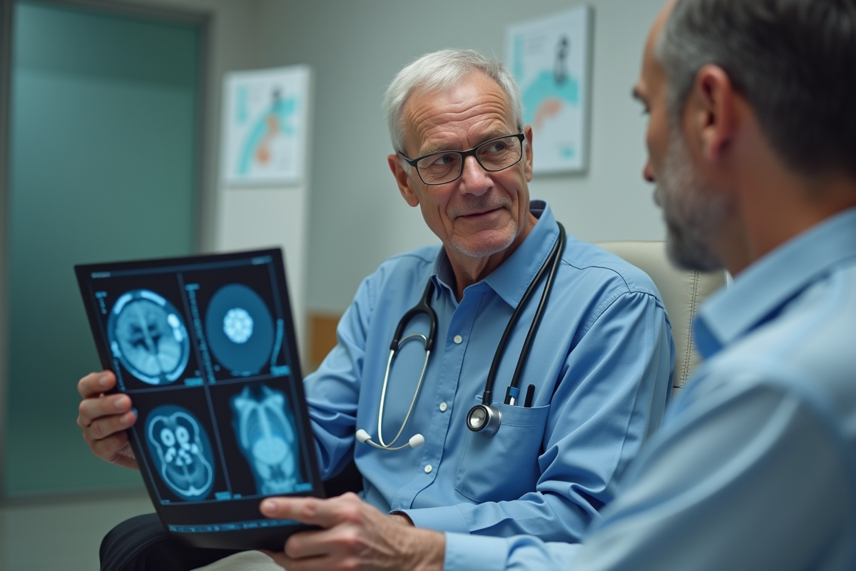 Rhumatologue senior explique des scans au patient