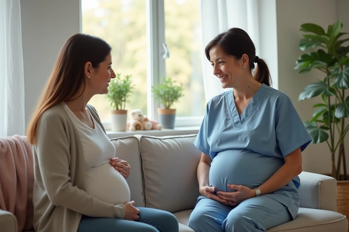 Sage-femme rassurante avec mère enceinte à la maison