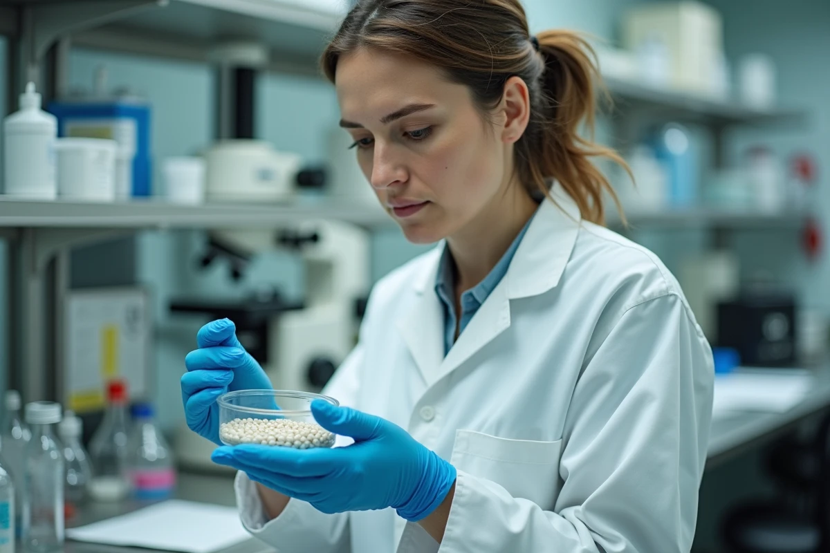 Scientifique en blouse blanche examinant des perles de céramique dans un laboratoire universitaire, analyse scientifique de la solution de purification d'eau écologique