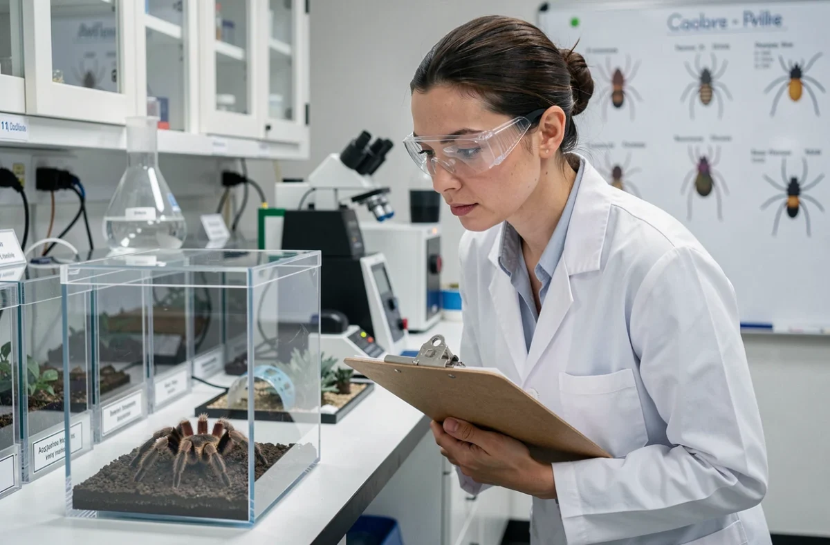 Scientifique observant une mygale dans un terrarium en acrylique dans un laboratoire universitaire