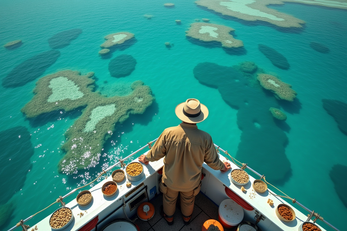 Scientifique en mer triant des échantillons de corail