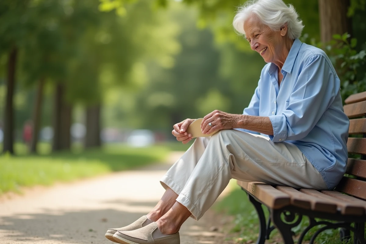 Senior femme posant ses semelles orthopédiques épine calcanéenne dans ses chaussures de marche sur un banc de parc