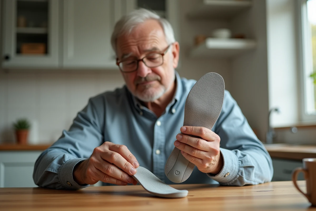 Senior homme examinant une semelle orthopédique pour épine calcanéenne à la maison dans sa cuisine