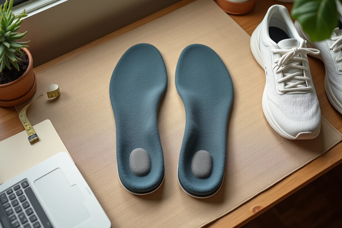 Semelles Akusoli posées à plat sur une table en bois avec des chaussures de sport, vue de dessus