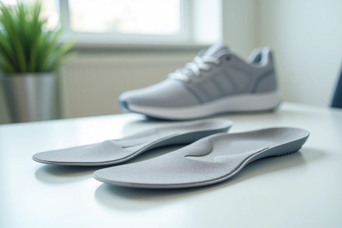 Semelles orthopédiques épine calcanéenne posées à côté de chaussures de marche pour seniors sur fond de cabinet podologique