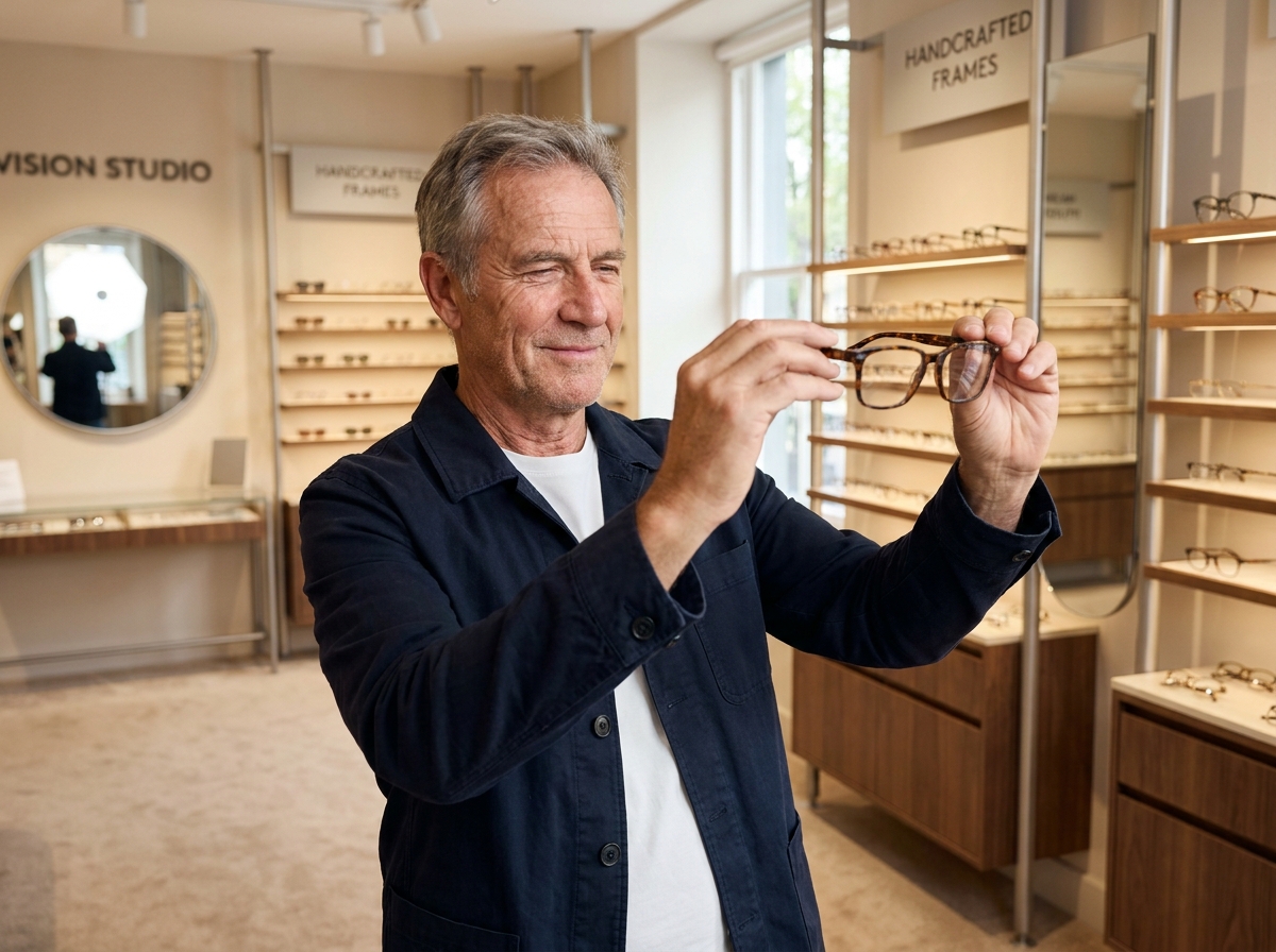 Homme senior dans une boutique d'optique examinant des montures de lunettes, dans le cadre d'un renouvellement de correction visuelle