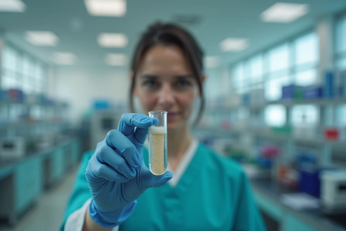 Technicienne de laboratoire examinant un sérum opalescent dans un tube d'analyse biologique