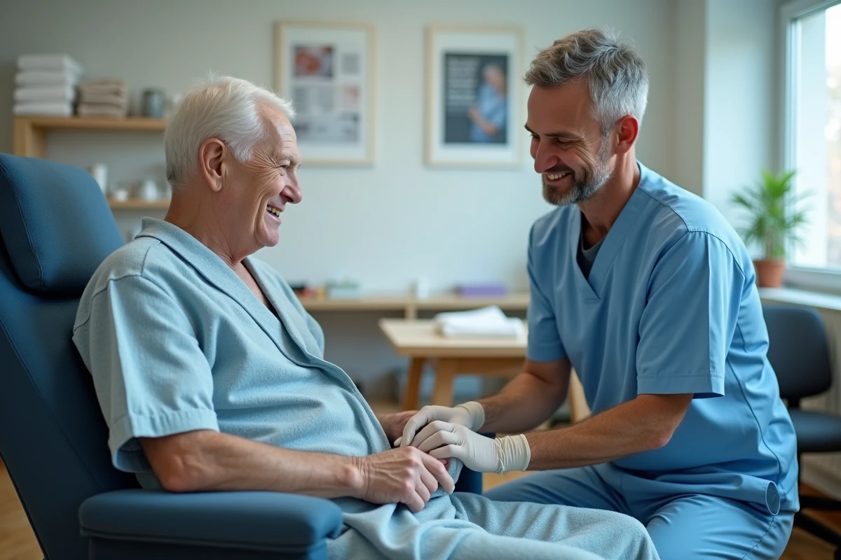 Infirmier examinant le pied d un patient age en clinique