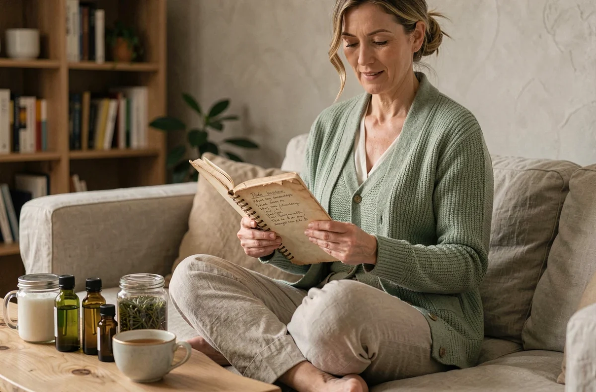 Femme consultant un carnet de recettes naturelles avec des huiles essentielles et de l'huile de coco pour traiter les démangeaisons intimes avec des solutions de grand-mère