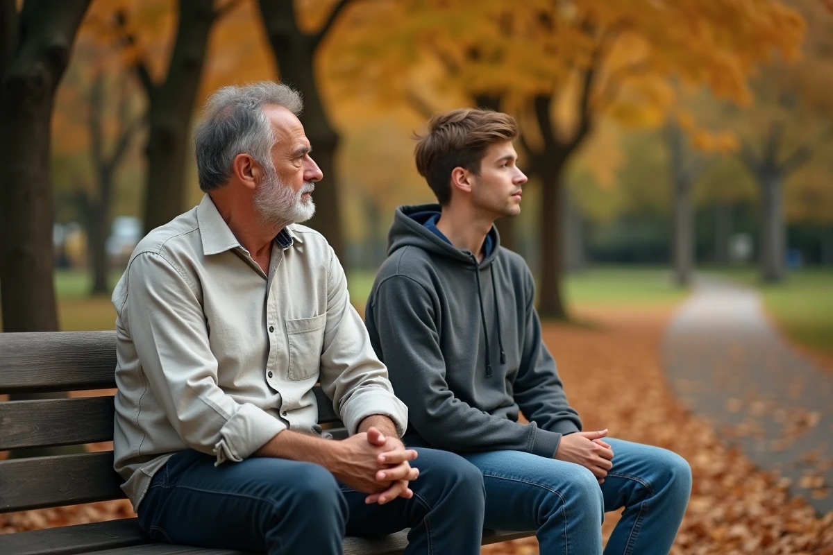 Un homme mûr soutient avec discrétion un jeune adulte présentant des traits du syndrome de Peter Pan dans un parc en automne