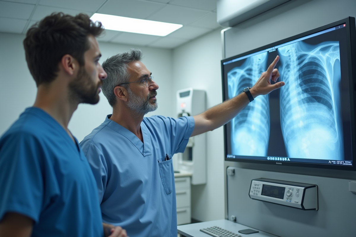 Technicien en radiologie montrant une image sur écran