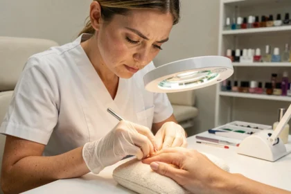 Technicienne en onglerie inspectant une infiltration sous un gel ongles soulevé lors d'une consultation en salon