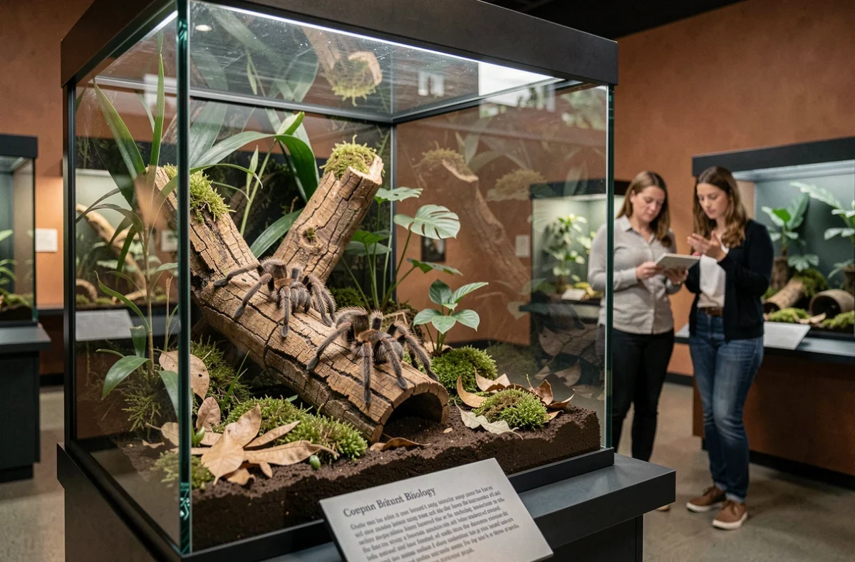 Terrarium de mygale dans une exposition de musée d'histoire naturelle avec visiteurs en arrière-plan