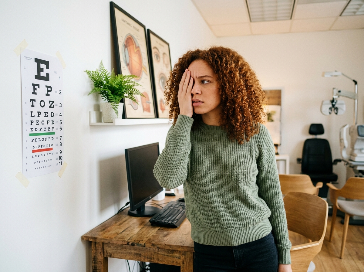 Jeune femme lisant un tableau optométrique lors d'un bilan visuel chez un spécialiste de la vue