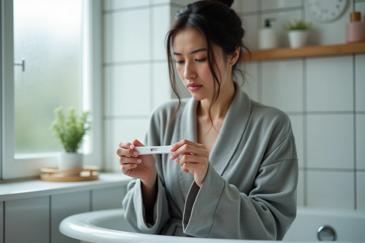 Femme tenant un test de grossesse négatif assise sur le bord d'une baignoire, air pensif et anxieux dans une salle de bain réaliste
