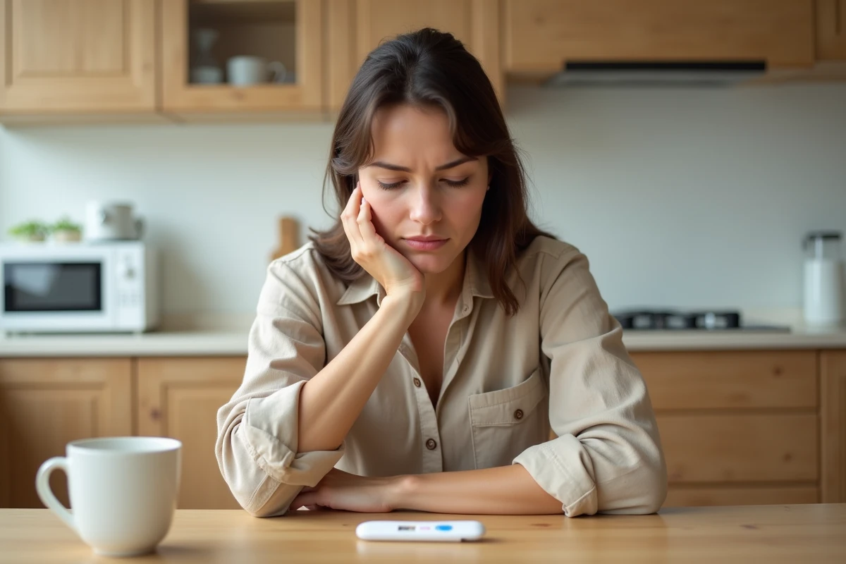 Femme inquiète regardant un test de grossesse négatif posé sur une table de cuisine en bois, expression d'incertitude et de stress