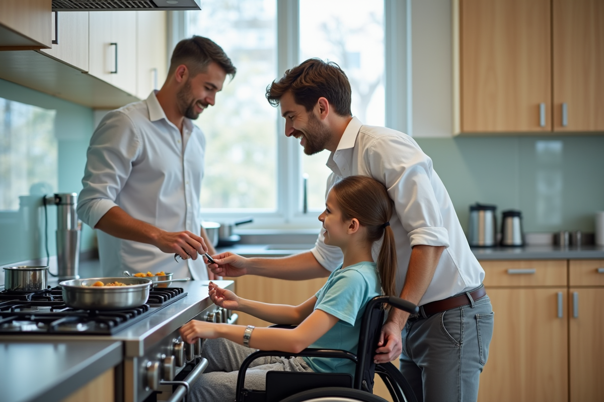 Jeune therapute guidant une adolescente en fauteuil en cuisine