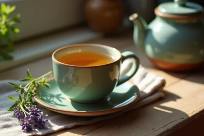 Tasse de tisane au thym et lavande posée sur une table en bois rustique avec des brins d'herbes fraîches