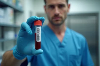 Professionnel de santé tenant un tube de prélèvement sanguin en laboratoire médical