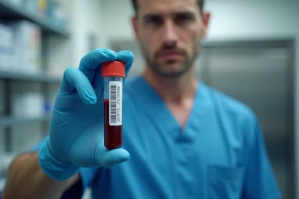 Professionnel de santé tenant un tube de prélèvement sanguin en laboratoire médical