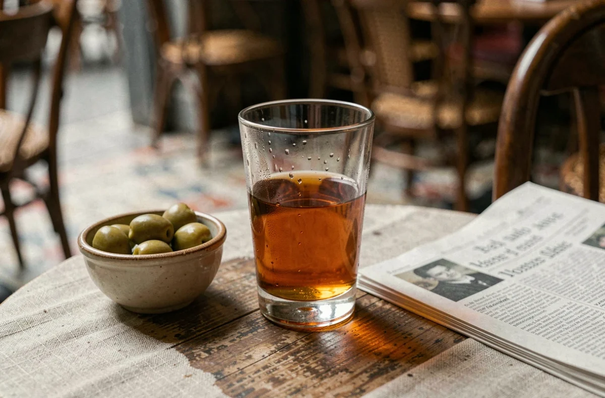 Verre de pastis dilué posé sur une table en bois dans un café français traditionnel, condensation visible sur le verre